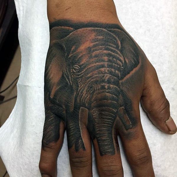 Mens Grey Elephant Tattoo On Hands