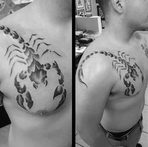 Mens Grey Ink Scorpion Tattoo On Chest