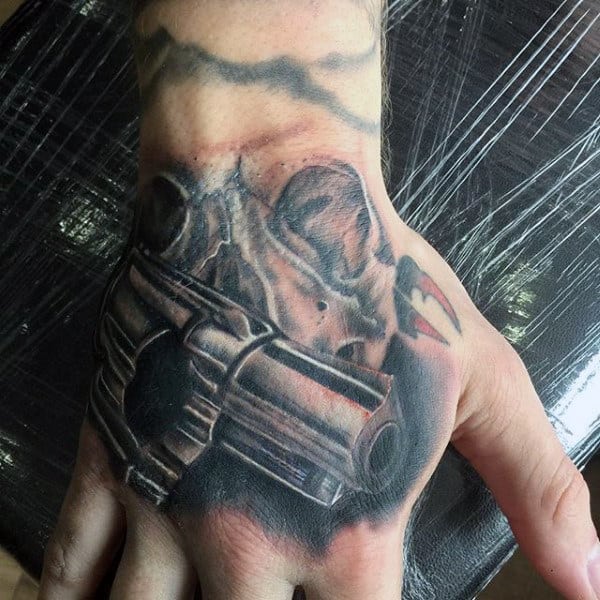 Mens Grey Pistol Tattoo On Hands