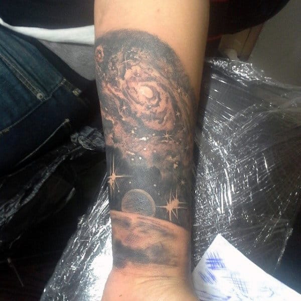 Mens Grey Shaded Universe Tattoo On Forearms