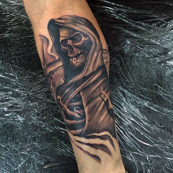 Mens Grim Reaper Shaded Black And Grey Shin Tattoos