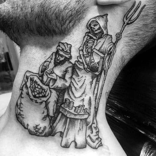Mens Grim Reaper Woodcut Neck Tattoo