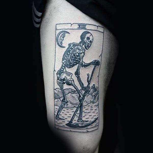 Mens Grim Reaper Woodcut Thigh Tattoos