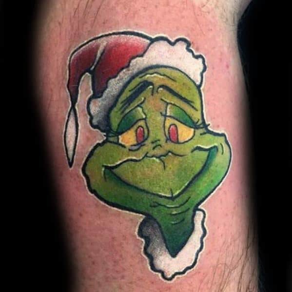 Grinch with a mischievous smile, wearing a red Santa hat, in vibrant green, red, and white colors, creating a playful and cheeky tattoo design.