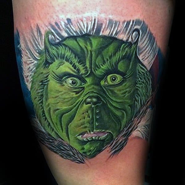 Highly detailed and colorful Grinch face with a shocked expression, featuring vibrant green and yellow hues, capturing his iconic features in a dynamic tattoo design.