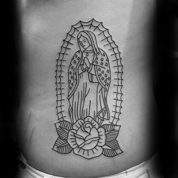 Mens Guadalupe Tattoo Design Inspiration Rib Cage Side Black Ink Outline