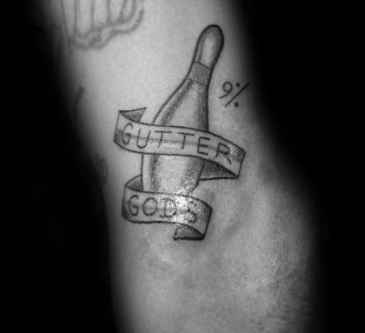 Mens Gutter Gods Bowling Pin Banner Tattoo On Wrist
