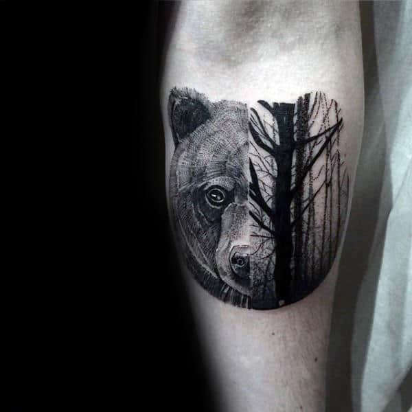 Mens Half Bear Half Forest Small Tattoo On Inner Forearm