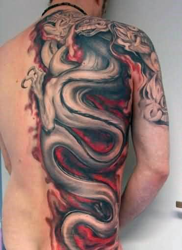 Mens Half Side Of Back Red And Grey Dragon Flames Tattoo Ideas