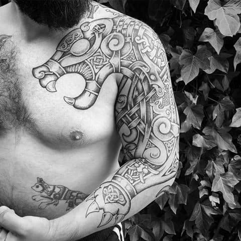 Mens Half Sleeve And Chest Celtic Bear Tribal Tattoo Design Ideas