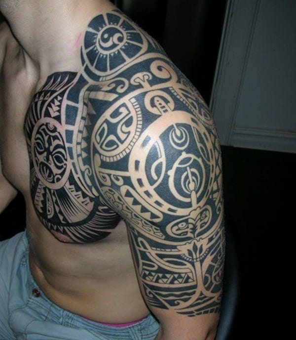 Mens Half Sleeve And Chest Tribal Sun Tattoo Ideas