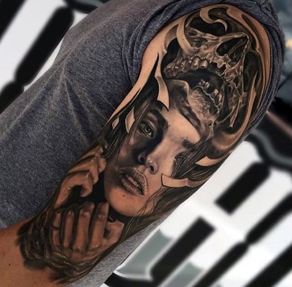Mens Half Sleeve Awesome Skull With Portrait Of Woman Tattoo