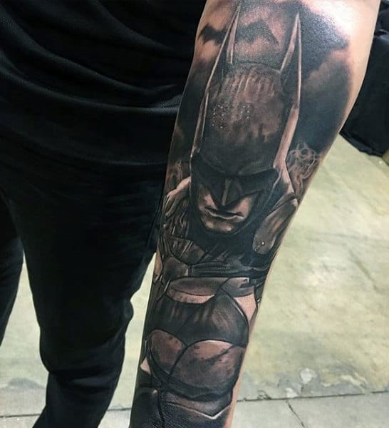 Mens Half Sleeve Batman Tattoo Design On Lower Forearm