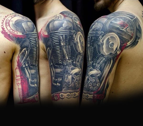 Mens Half Sleeve Biker Engine Tattoos Realistic Design