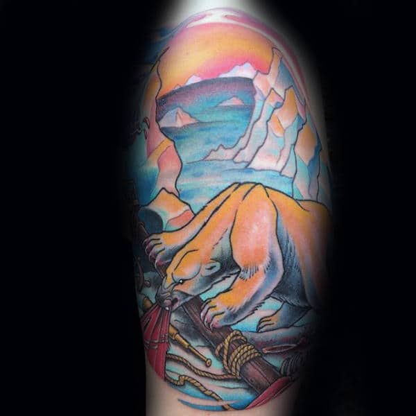 Mens Half Sleeve Colorful Tattoo Of Polar Bear