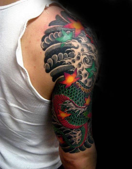 Mens Half Sleeve Dragon Leaf Tattoo With Japanese Design