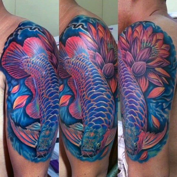 Mens Half Sleeve Fish Tattoo Ideas With Arowana Design