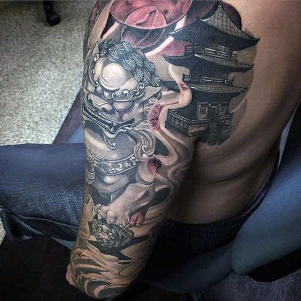 Mens Half Sleeve Foo Dog Tower Tattoo Ideas