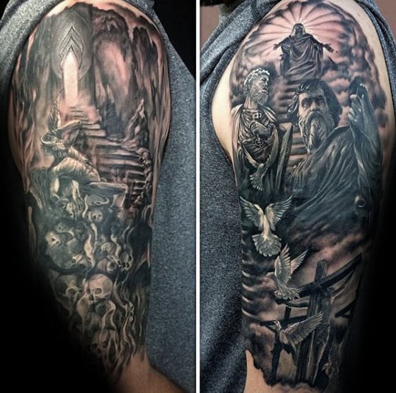 Tattooed arm split with a dark, skull-filled stairway scene and a religious dove-filled scene
