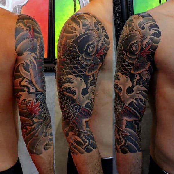 Mens Half Sleeve Japanese Koi Fish Splashing In Water Tattoo