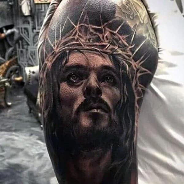 Mens Half Sleeve Realistic Jesus Portrait Tattoo