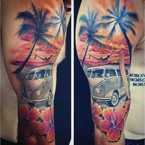 Mens Half Sleeve Retro Beach Tattoo With Volkswagen And Tropical Flowers