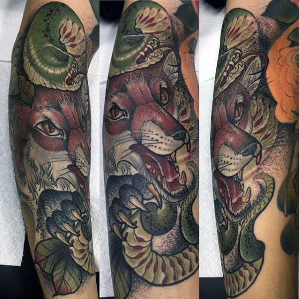 Mens Half Sleeve Roaring Fox And Green Catterpillar Tattoo