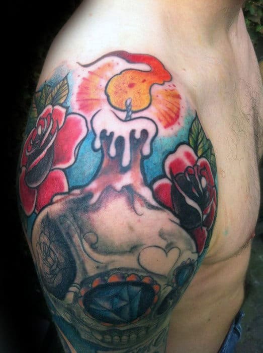Mens Half Sleeve Shoulder Candle Traditional Tattoo Designs