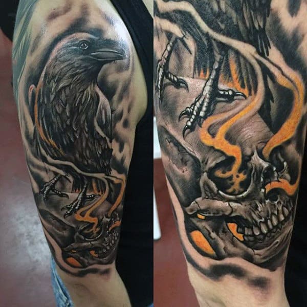 Mens Half Sleeve Skull With Crow Tattoo