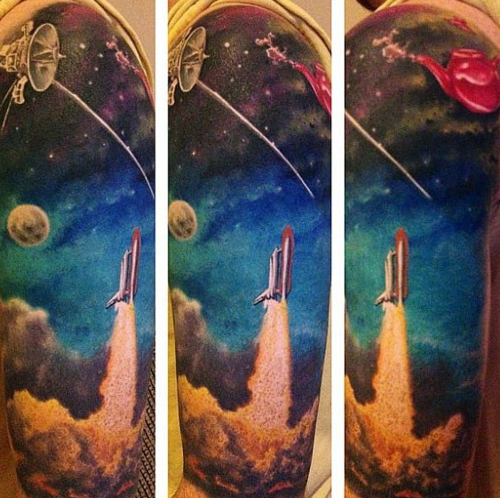 Mens Half Sleeve Spaceship Taking Off Tattoo