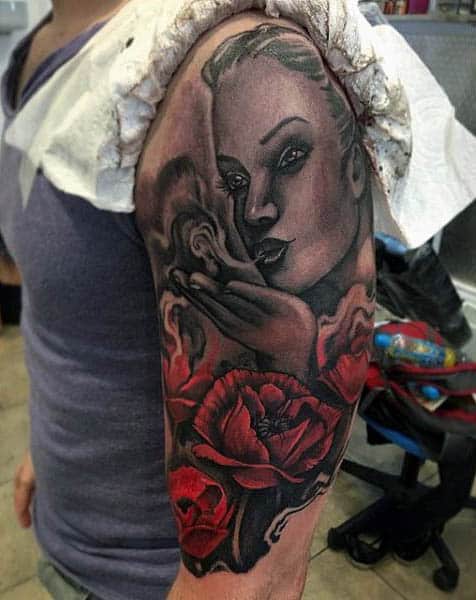 Mens Half Sleeve Tattoo Of Woman With Poppy Flowers