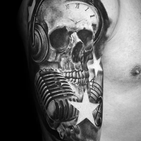 Mens Half Sleeve Tattoo Skull Headphones Design