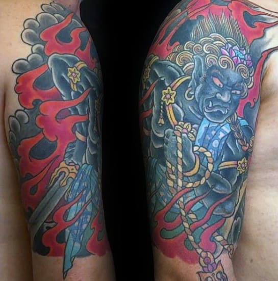 Mens Half Sleeve Tattoo With Fudo Myoo Design