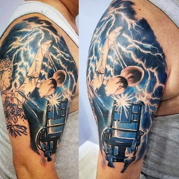 Colorful upper arm tattoo of Metallica’s Ride the Lightning electric chair surrounded by blue lightning bolts and album-inspired details.