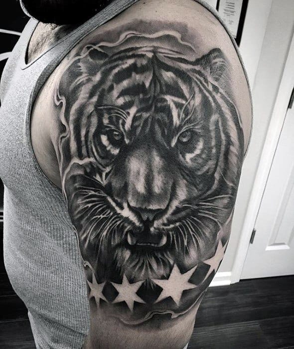Mens Half Sleeve Unique Tiger Arm With Negative Space Star Design