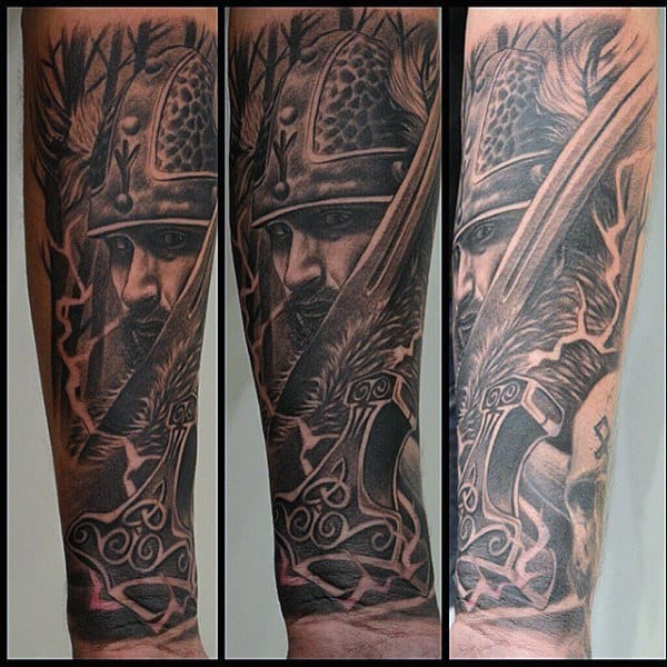 Mens Hammer Of Thor Mjolnir Forearm Sleeve Tattoos