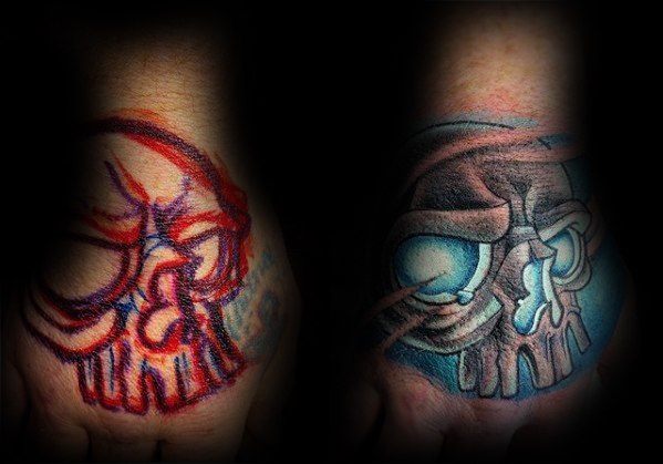Mens Hand Glowing Blue Skull Tattoo Cover Up Ideas