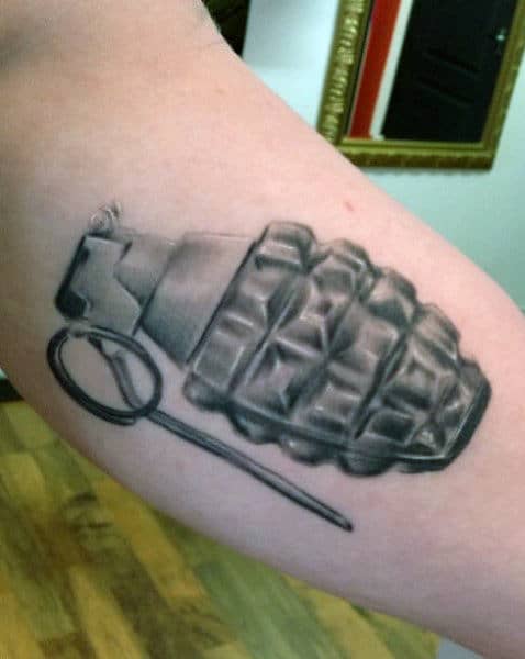 Men's Hand Grenade Tattoos On Bicep