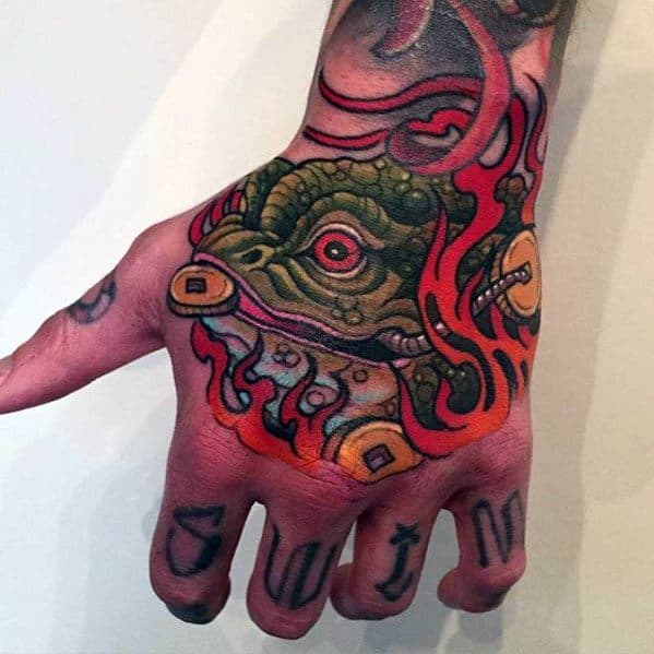 Mens Hand Jin Chan Chinese Tattoo With Toad Design On Hand