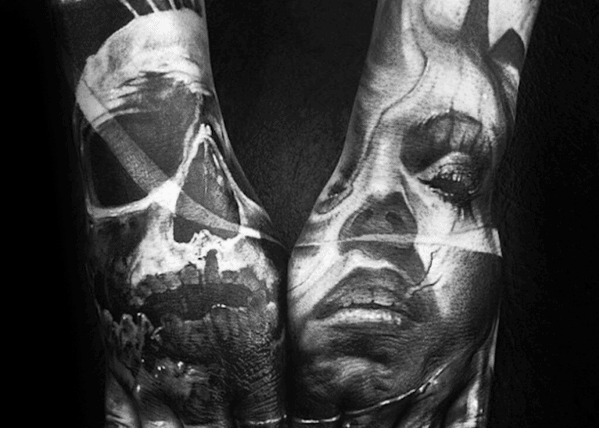 Mens Hand Realistic Skull Shaded Tattoos