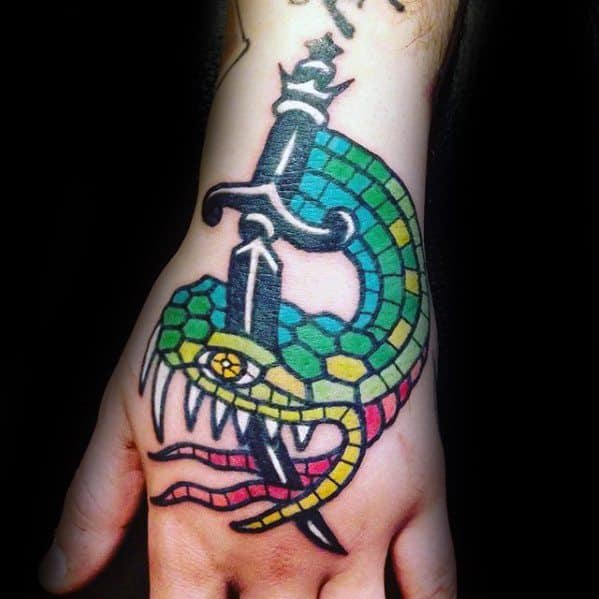 Mens Hand Tattoo Ideas With Mosaic Snake And Dagger Design