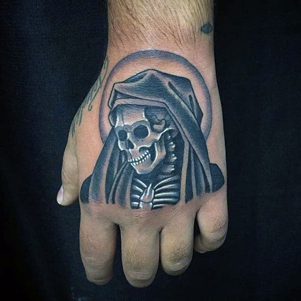 Mens Hand Tattoo Of White Ink Grim Reaper Skeleton Tattoo
