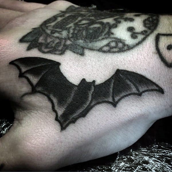 Mens Hand Tiny Halloween Black Bat Tattoo