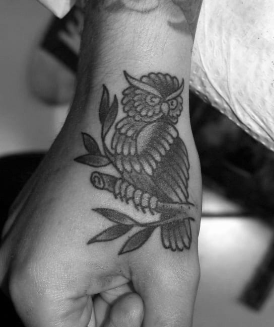 Mens Hand Traditional Owl Tattoos