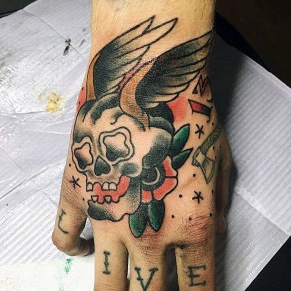 Mens Hand Traditional Skull With Wings And Flower Tattoo