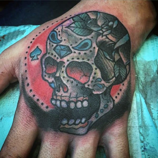 Mens Hands Blue And Red Day Of The Dead Tattoo