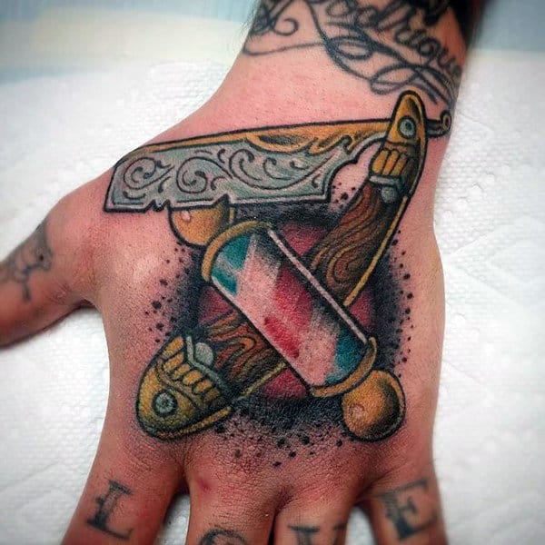 Mens Hands Carved Straight Razor Tattoo