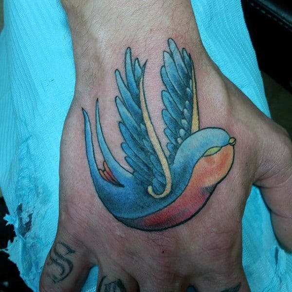 Mens Hands Copper Blue And Yellow Sparrow Tattoo