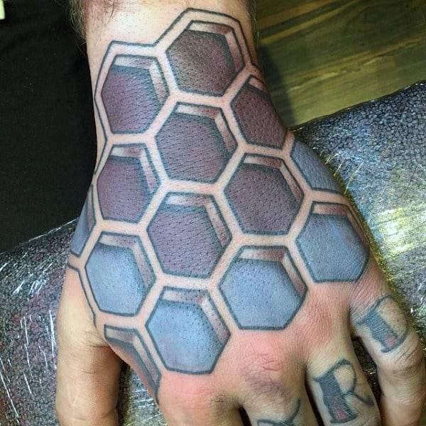 Mens Hands Dusty Blue Magenta Honeycomb Tatoo