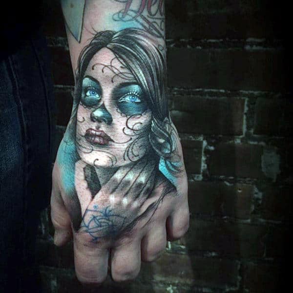 Mens Hands Lovely Day Of The Dead Tattoo With Copper Blue Blasts